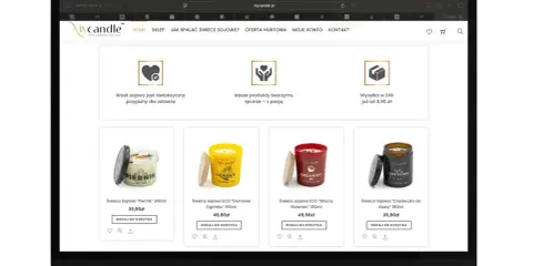 Strona sklepu internetowego z ręcznie robionymi świecami sojowymi. Idealne tło do ulotki promującej naturalne produkty.