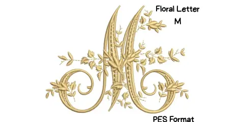 Złota, kaligraficzne M ozdobione liśćmi i gałązkami. Projekt haftu w formacie PES.