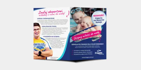 Szablon ulotki Fregata Swimming: nauka pływania dla całej rodziny, zajęcia na Basenie Rataje. Zaufaj ekspertom, wskakuj z nami do wody!