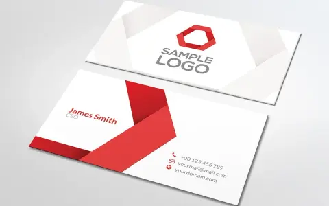 Dwie wizytówki z nowoczesnym, czerwono-białym wzorem. Jedna zawiera logo i napis "SAMPLE LOGO", druga dane kontaktowe i nazwisko "James Smith CEO". Idealny papier do wizytówek.