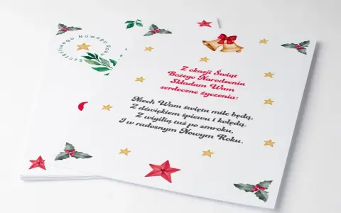 Świąteczne kartki pocztowe, idealny surowiec dla drukarni, z życzeniami na Nowy Rok i Boże Narodzenie.