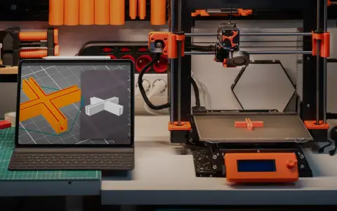 Nowoczesna technika druku 3D: tablet z modelem krzyżaka i drukarka tworząca fizyczny obiekt.