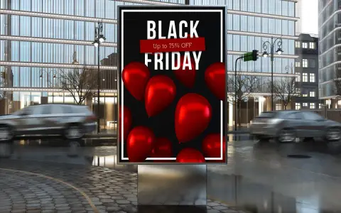 Plakaty do wydruku z napisem "BLACK FRIDAY" i czerwonymi balonami. Promocja do 75% OFF.
