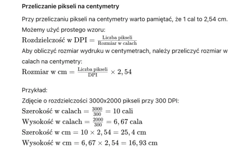 Obliczenia ile dpi do druku. Wzory na przeliczanie pikseli na centymetry i przykładowe wyliczenia rozmiaru wydruku.