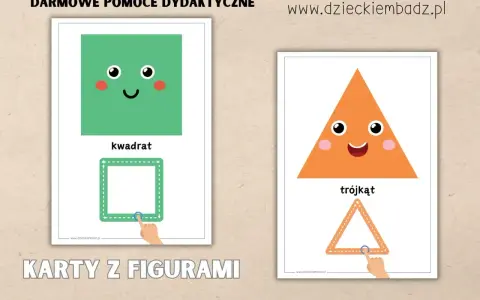 Karty z figurami do druku: wesoły kwadrat i trójkąt zachęcają do nauki kształtów.