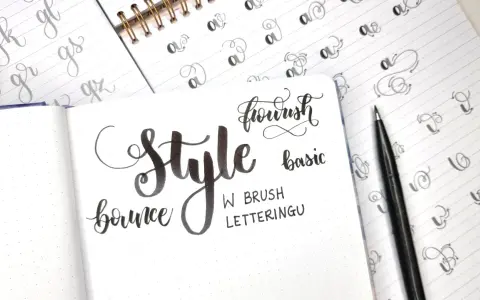 Różne rodzaje pisma w kaligrafii: "Style", "bounce", "flourish", "basic" i ćwiczenia liter.