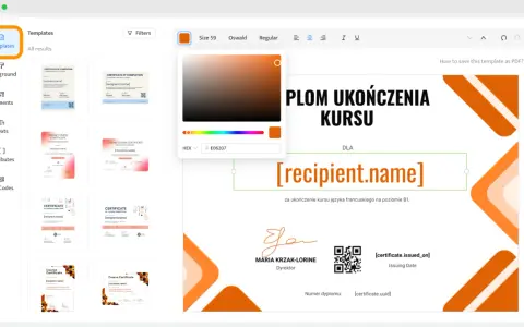 Jak zrobic dyplom? Wybierz szablon, edytuj tekst i kolory, aby stworzyć własny dyplom ukończenia kursu.