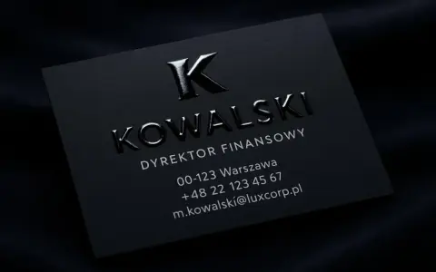Czarna wizytówka z wypukłym, błyszczącym logo "K" i nazwiskiem "KOWALSKI", wykonana techniką lakier UV 3D.