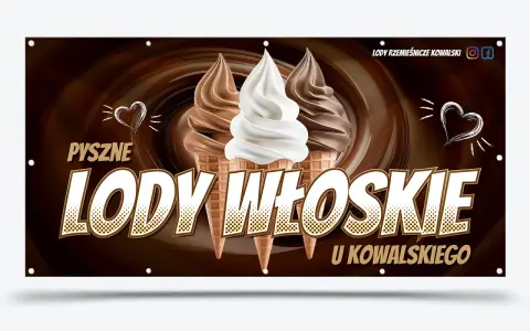 Pyszne lody włoskie u Kowalskiego! Reklama produktu plakat zachęca do spróbowania lodów rzemieślniczych.
