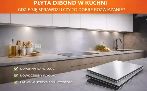 Nowoczesna kuchnia z płytą dibond jako panelem ściennym. Odporna na wilgoć, łatwa w czyszczeniu.