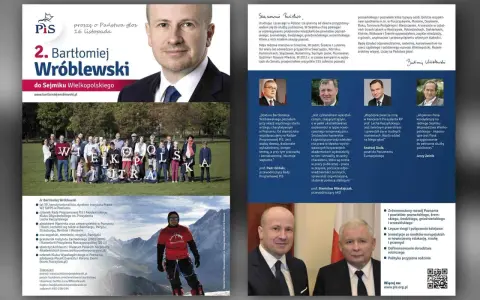 Ulotka wyborcza Bartłomieja Wróblewskiego do Sejmiku Wielkopolskiego. Kandydat PiS prezentuje swoje cele i poparcie.