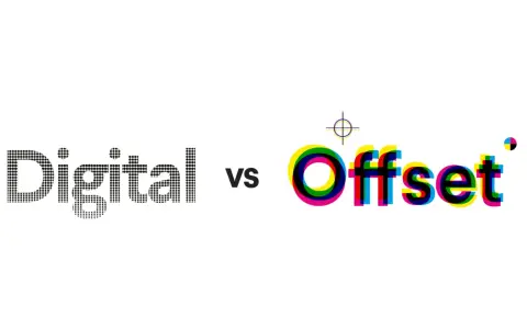 Porównanie: druk cyfrowy a offsetowy. Słowo "Digital" z kropek, "Offset" w kolorach CMYK.