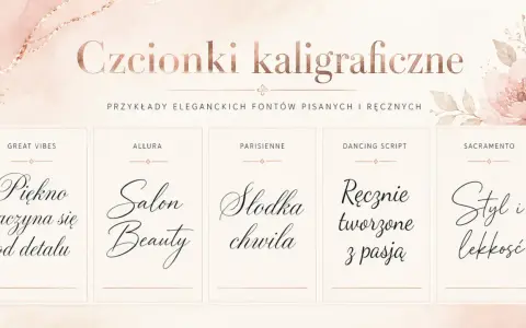 Różne rodzaje czcionki kaligraficznej: Great Vibes, Allura, Parisienne, Dancing Script, Sacramento. Przykłady eleganckich fontów pisanych.
