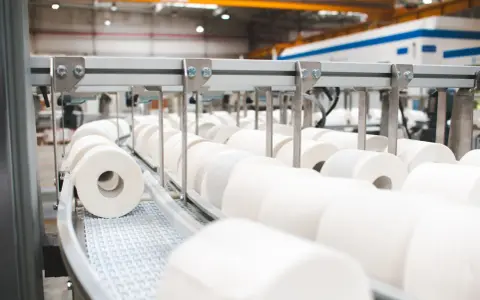 Rzędy rolek papieru toaletowego na linii produkcyjnej. Nowoczesna produkcja papieru w Polsce.
