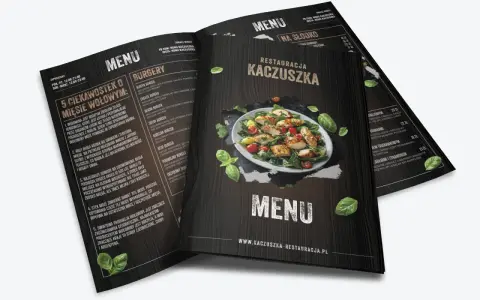 Eleganckie menu restauracji Kaczuszka z apetycznym zdjęciem kurczaka i sałatki. Projekt menu zawiera sekcje z burgerami i deserami.