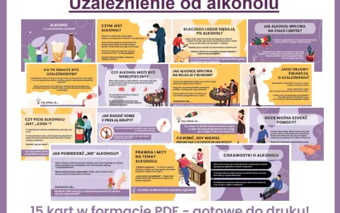 Plakat o szkodliwości alkoholu. Dowiedz się, czym jest alkohol, dlaczego ludzie po niego sięgają i jak wpływa na ciało i umysł.