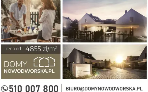 Reklama na ogrodzeniu: nowoczesne domy Nowodworska.pl, cena od 4855 zł/m², tel. 510 007 800.
