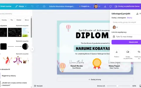 Program do tworzenia dyplomów w Canva. Projekt dyplomu z imieniem Harumi Kobayas.