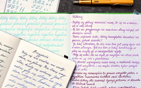 Pismo piórem na kratkowanym papierze. Litery, słowa i zdania pisane ręcznie, niektóre w kolorze niebieskim, inne fioletowym.