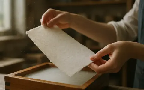 Ręce wyjmują świeżo zrobiony papier z drewnianej formy. Proces tworzenia papieru krok po kroku.