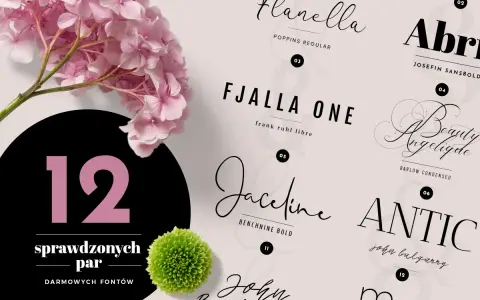 Kolekcja 12 par darmowych fontów, prezentująca różne czcionki od eleganckich po nowoczesne.