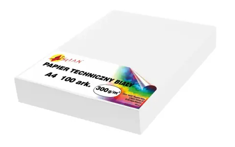 Biały papier techniczny A4, 100 arkuszy. Jego gramatura papieru 300g/m2 zapewnia wytrzymałość. Idealny do druku i rysunku.