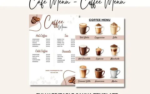 Kawiarniany menu przykład: gorące i zimne kawy, herbaty, desery, gorąca czekolada, espresso, latte, cappuccino, mocha, americano, macchiato, caramel latte.