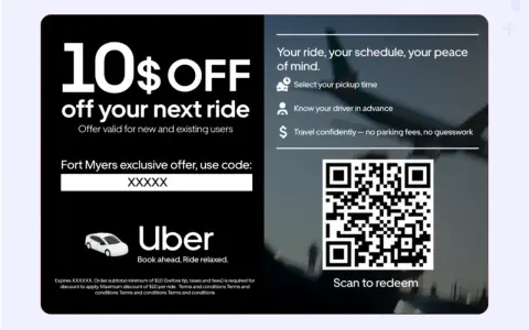 Ulotka informacyjna Uber: 10$ zniżki na przejazd, kod rabatowy, QR kod do zeskanowania.