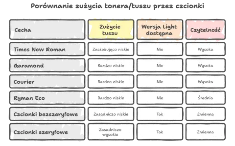 Porównanie zużycia tonera przez czcionki: Times New Roman, Garamond, Courier, Ryman Eco, bezszeryfowe, szeryfowe. Sprawdź, które czcionki online są najbardziej oszczędne.