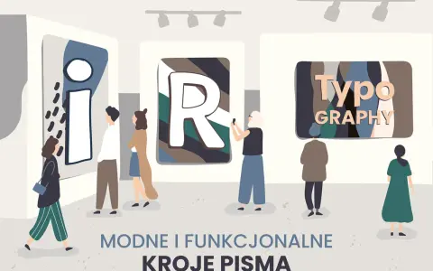 Wystawa prezentuje nowoczesne kroje pisma, gdzie dziwne czcionki tworzą artystyczne kompozycje. Ludzie podziwiają litery na plakatach.