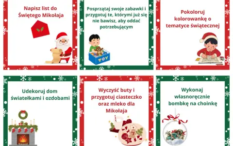 Świąteczny kalendarz dla dzieci do druku z zadaniami: napisz list, posprzątaj, pokoloruj, udekoruj, przygotuj ciastka i zrób bombkę.
