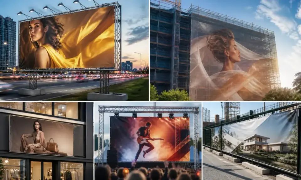 Wielkoformatowe banery reklamowe i drukowanie etykiet samoprzylepnych: reklama mody, koncert rockowy, nowoczesny dom i budowa.