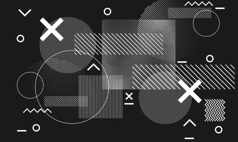 Abstrakcyjny wzór z geometrycznymi kształtami: koła, kwadraty, krzyżyki i linie. Wszystko wykonane w technice druk białym kolorem na czarnym tle.