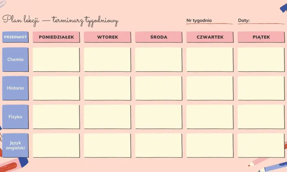 Plan lekcji to terminarz tygodniowy, który pomaga zorganizować naukę przedmiotów takich jak chemia, historia, fizyka i język angielski.