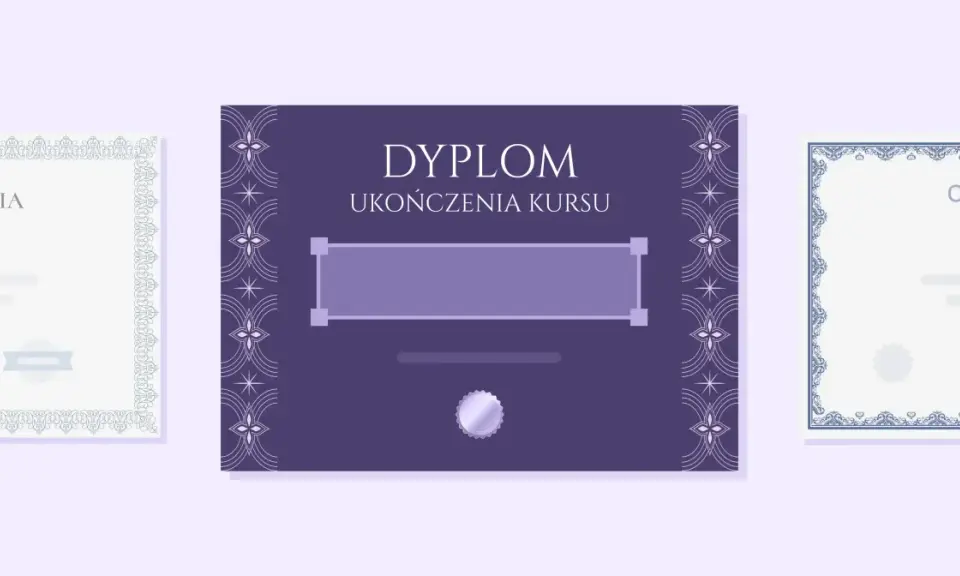 Eleganckie dyplomy do druku z ozdobnymi ramkami i miejscem na wpisanie danych.