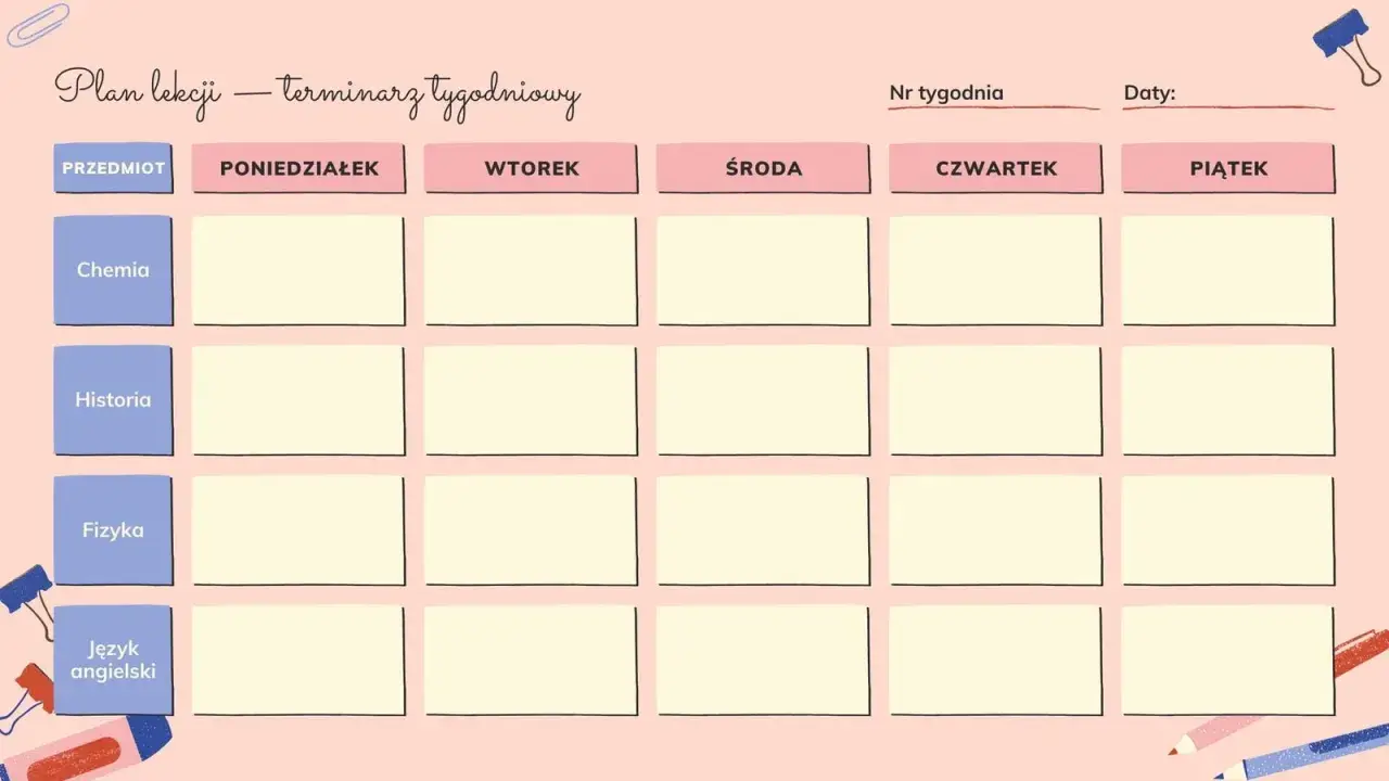 Plan lekcji to terminarz tygodniowy, który pomaga zorganizować naukę przedmiotów takich jak chemia, historia, fizyka i język angielski.