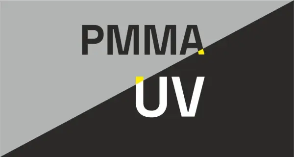 PMMA UV – co to jest? Prosty tekst na tle dzielonym na szaro-czarne.