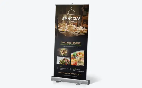 Projekt roll upu restauracji "Smaczna". Reklama promuje smaczne posiłki z lokalnych i ekologicznych produktów.