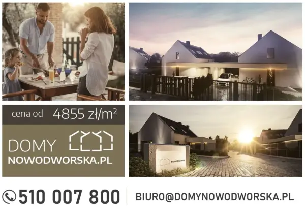 Reklama na ogrodzeniu: nowoczesne domy Nowodworska.pl, cena od 4855 zł/m², tel. 510 007 800.