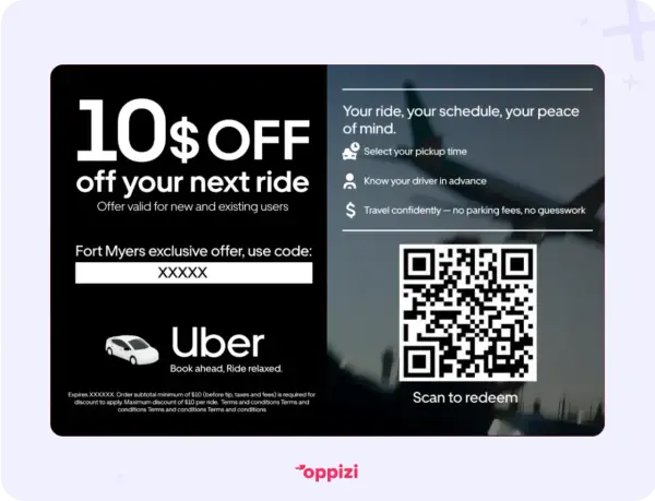 Ulotka informacyjna Uber: 10$ zniżki na przejazd, kod rabatowy, QR kod do zeskanowania.