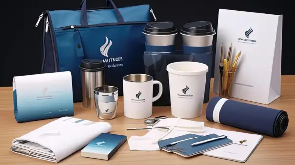 Zestaw eleganckich gadżetów firmowych: torba, kubki, termosy, notesy i długopisy. Idealny reklamowy drobiazg dla klientów.