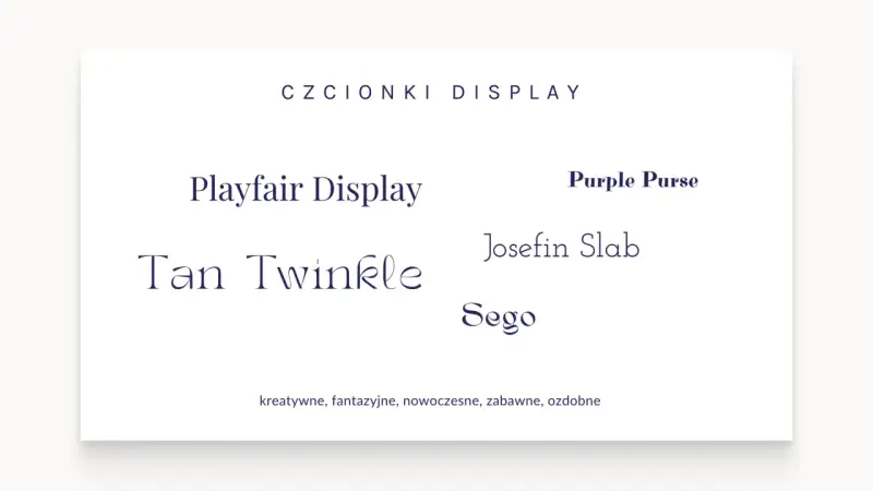 Przykłady czcionek: Playfair Display, Tan Twinkle, Purple Purse, Josefin Slab, Sego. Prosta czcionka i ozdobne litery.